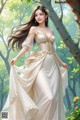 A woman in a white dress standing in a forest.