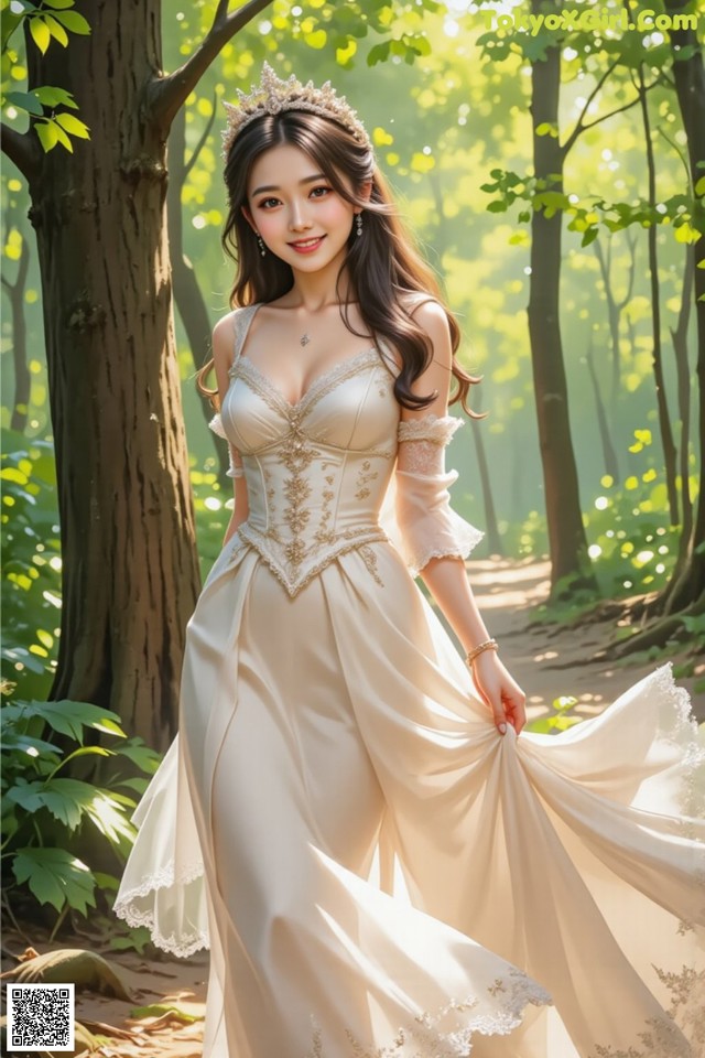 a woman in a white dress standing in the woods